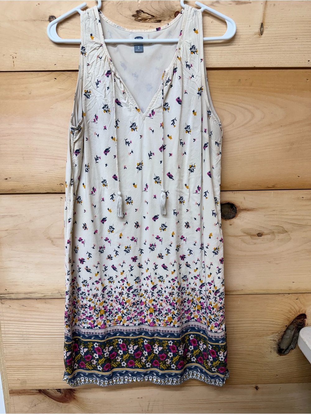 Old Navy Cream Floral Border V-Neck Mini Dress with Pink Yellow and Blue Accents